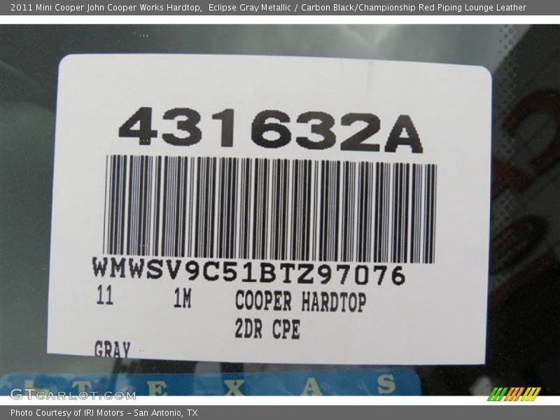 Eclipse Gray Metallic / Carbon Black/Championship Red Piping Lounge Leather 2011 Mini Cooper John Cooper Works Hardtop