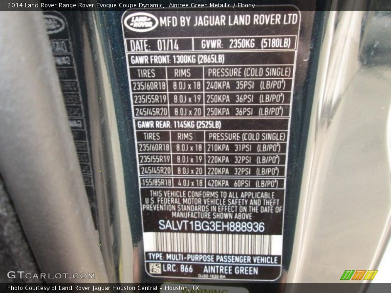 2014 Range Rover Evoque Coupe Dynamic Aintree Green Metallic Color Code 866