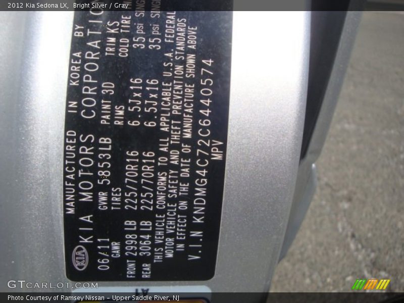 Bright Silver / Gray 2012 Kia Sedona LX
