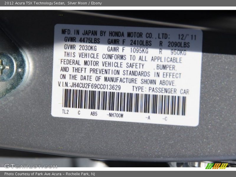 Silver Moon / Ebony 2012 Acura TSX Technology Sedan