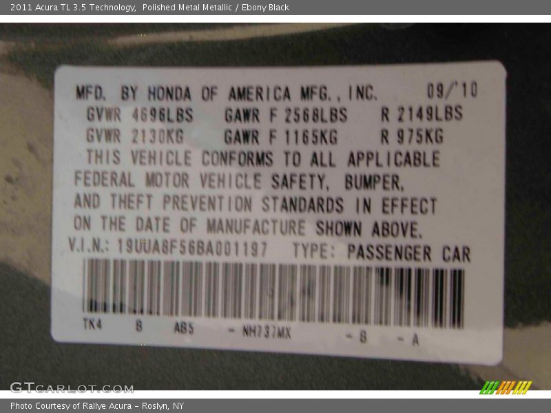 Polished Metal Metallic / Ebony Black 2011 Acura TL 3.5 Technology