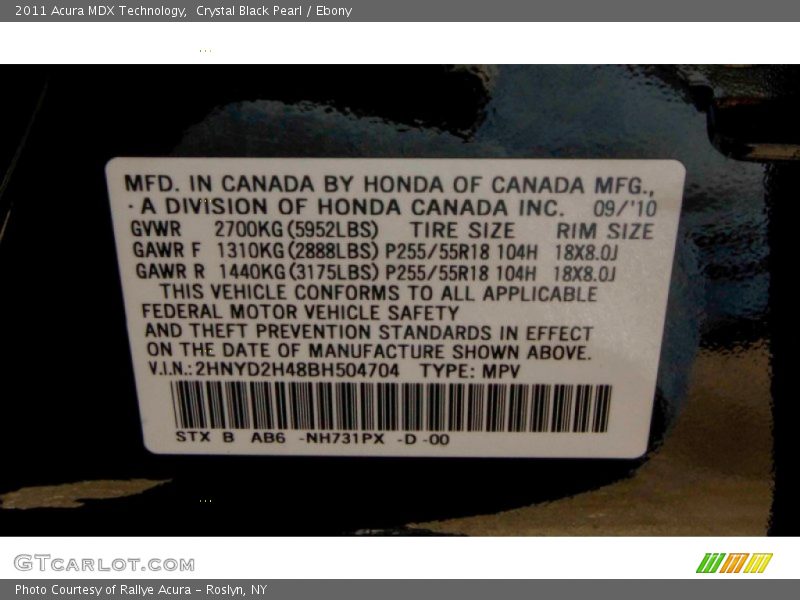 Crystal Black Pearl / Ebony 2011 Acura MDX Technology
