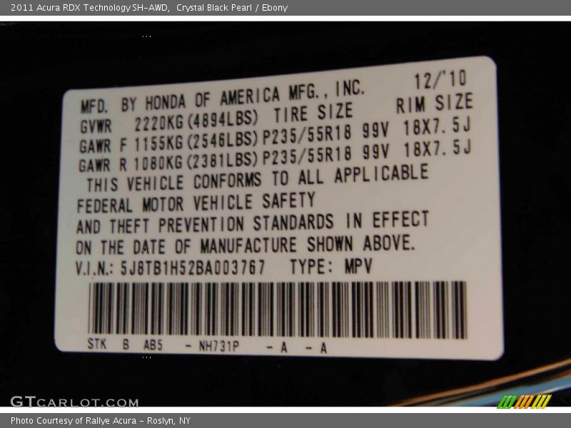 Crystal Black Pearl / Ebony 2011 Acura RDX Technology SH-AWD
