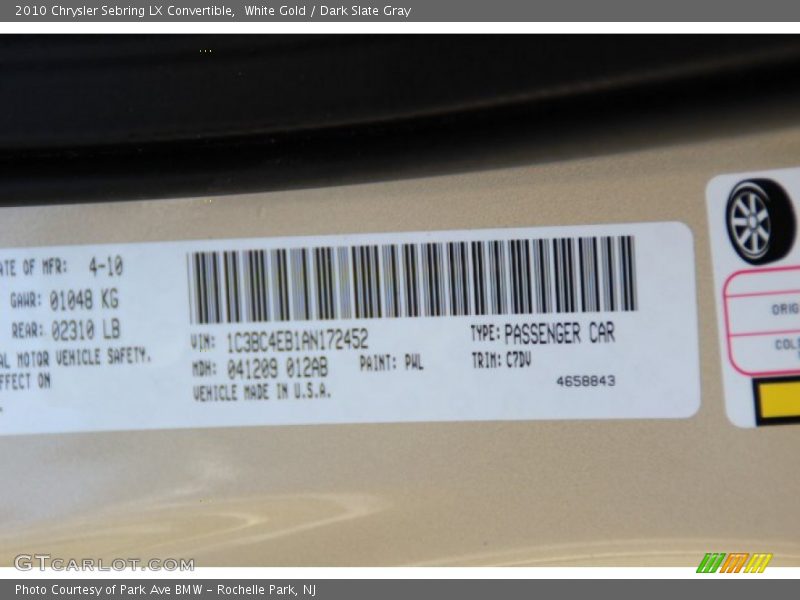 White Gold / Dark Slate Gray 2010 Chrysler Sebring LX Convertible