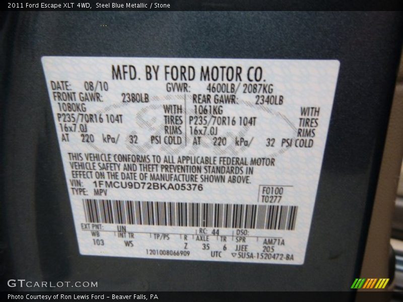 Steel Blue Metallic / Stone 2011 Ford Escape XLT 4WD