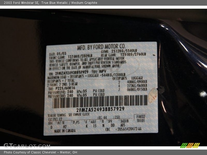 2003 Windstar SE True Blue Metallic Color Code L2