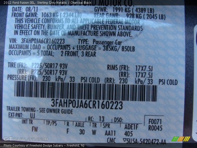 Sterling Grey Metallic / Charcoal Black 2012 Ford Fusion SEL