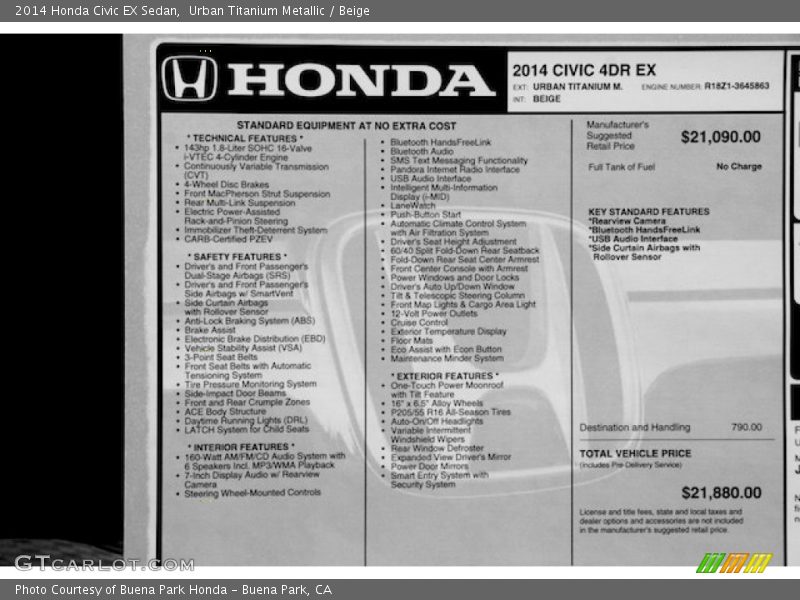 Urban Titanium Metallic / Beige 2014 Honda Civic EX Sedan