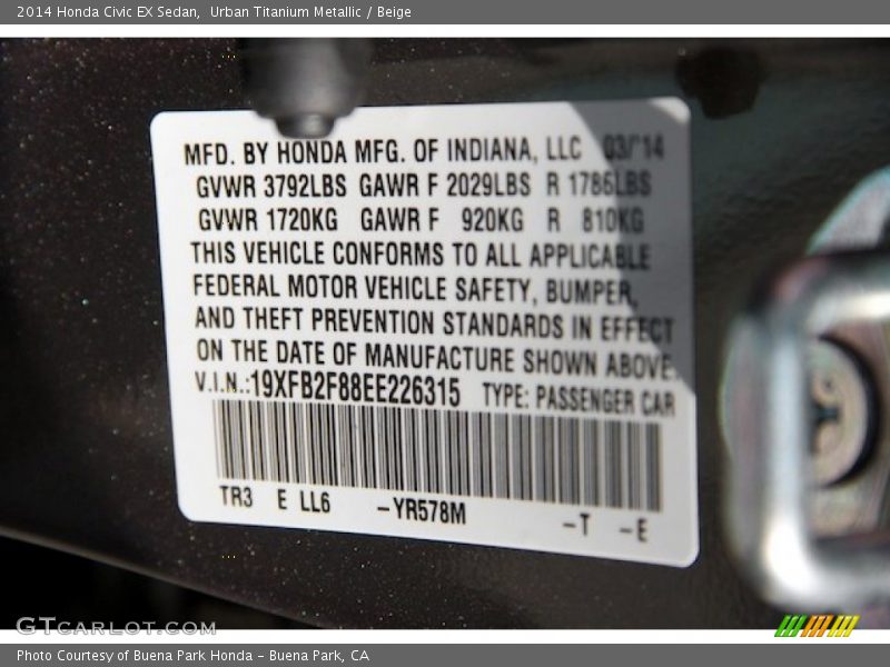 Urban Titanium Metallic / Beige 2014 Honda Civic EX Sedan