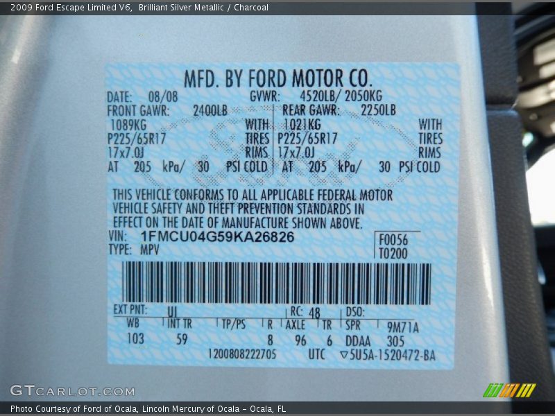 Brilliant Silver Metallic / Charcoal 2009 Ford Escape Limited V6