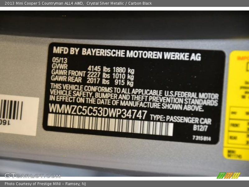 Crystal Silver Metallic / Carbon Black 2013 Mini Cooper S Countryman ALL4 AWD