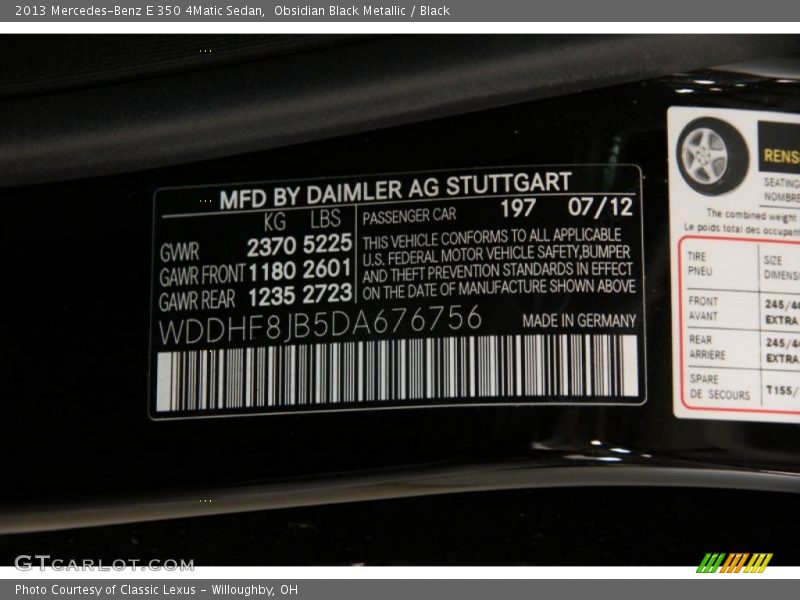2013 E 350 4Matic Sedan Obsidian Black Metallic Color Code 197