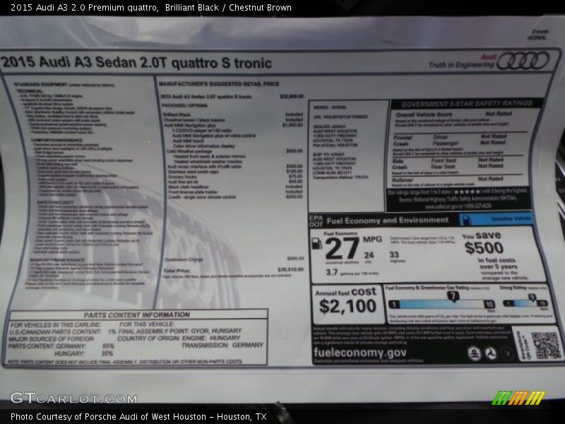Brilliant Black / Chestnut Brown 2015 Audi A3 2.0 Premium quattro