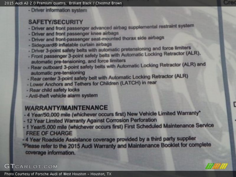  2015 A3 2.0 Premium quattro Window Sticker