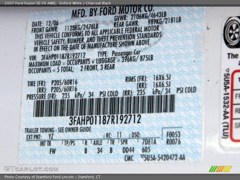 Oxford White / Charcoal Black 2007 Ford Fusion SE V6 AWD