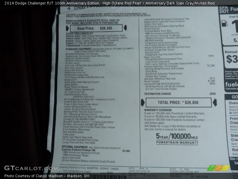  2014 Challenger R/T 100th Anniversary Edition Window Sticker