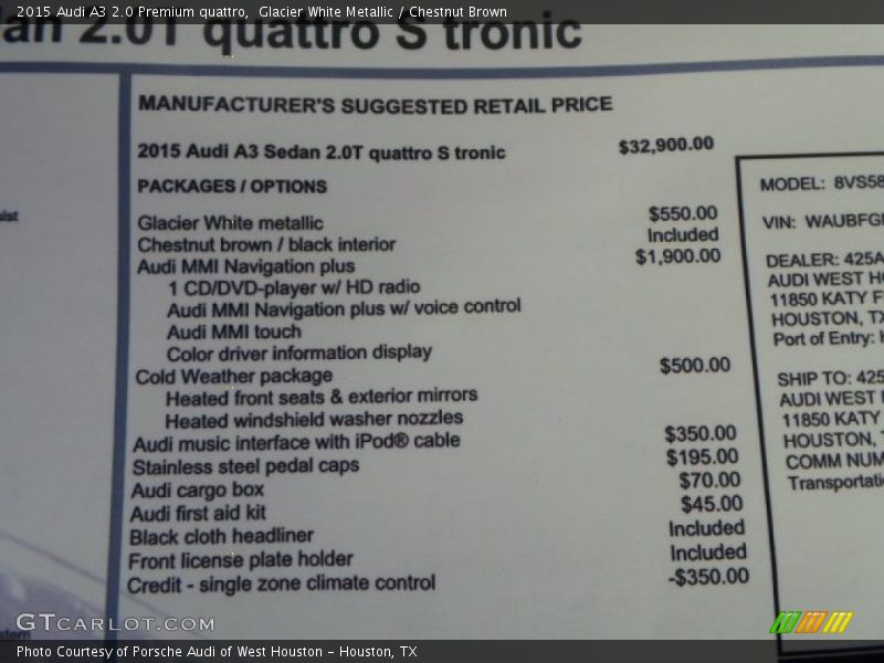  2015 A3 2.0 Premium quattro Window Sticker