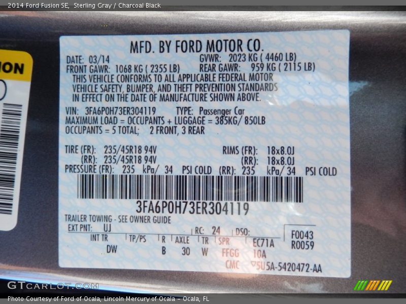 Sterling Gray / Charcoal Black 2014 Ford Fusion SE