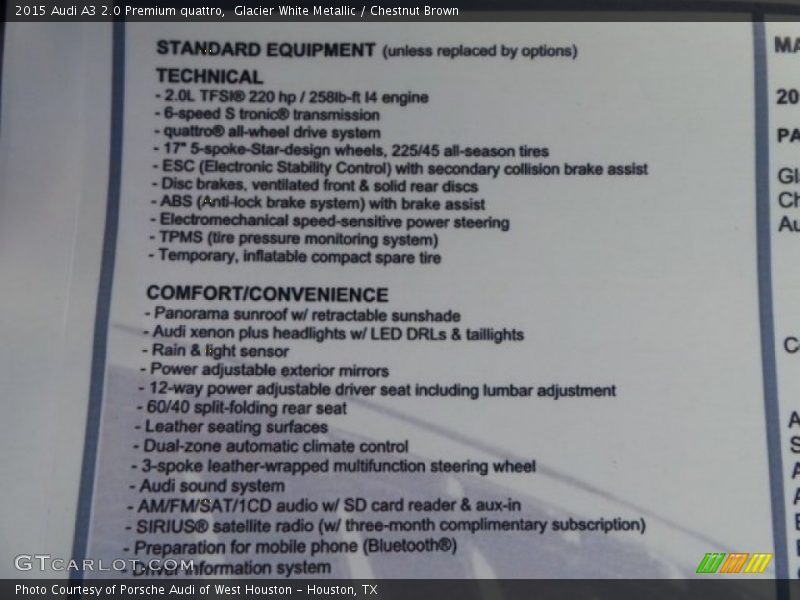  2015 A3 2.0 Premium quattro Window Sticker