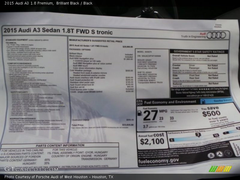 Brilliant Black / Black 2015 Audi A3 1.8 Premium