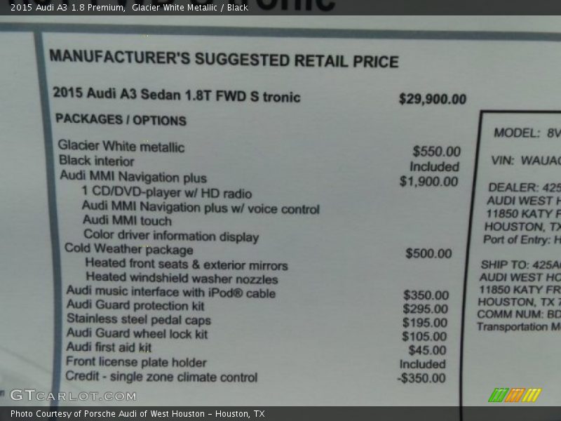 Glacier White Metallic / Black 2015 Audi A3 1.8 Premium
