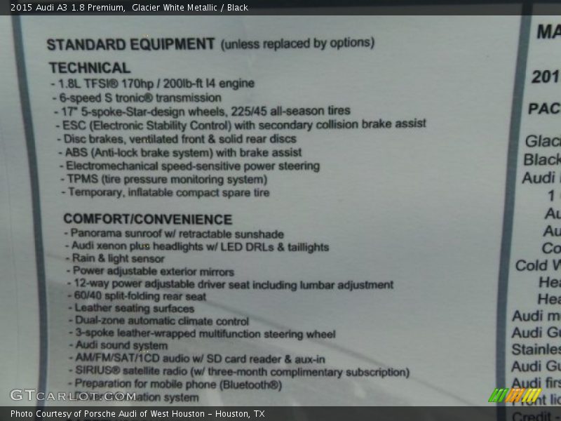 Glacier White Metallic / Black 2015 Audi A3 1.8 Premium