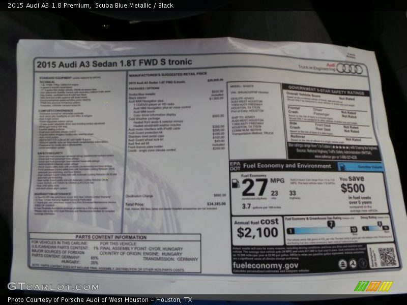 Scuba Blue Metallic / Black 2015 Audi A3 1.8 Premium