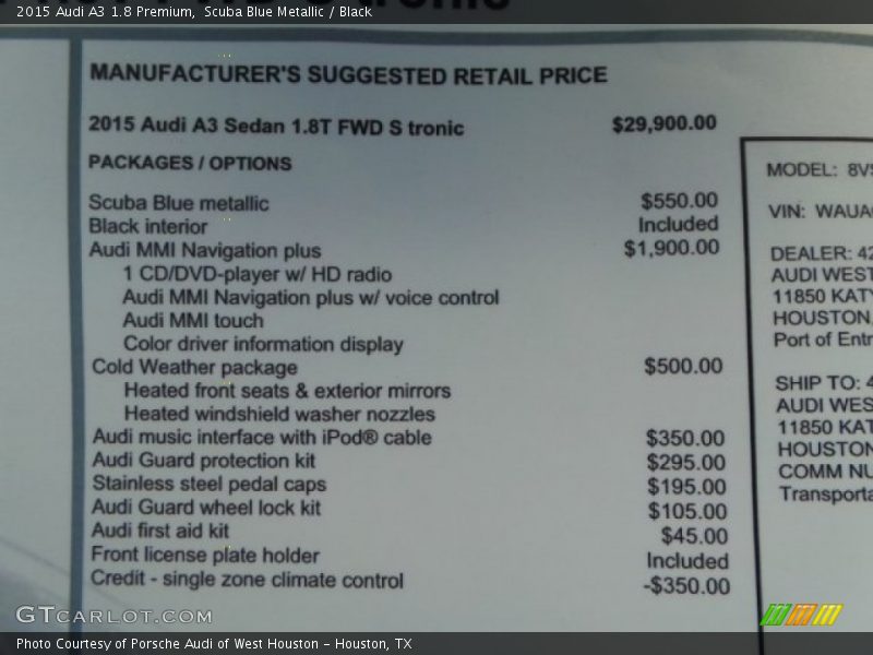 Scuba Blue Metallic / Black 2015 Audi A3 1.8 Premium