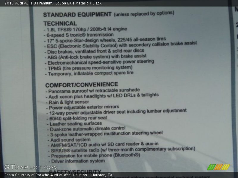 Scuba Blue Metallic / Black 2015 Audi A3 1.8 Premium
