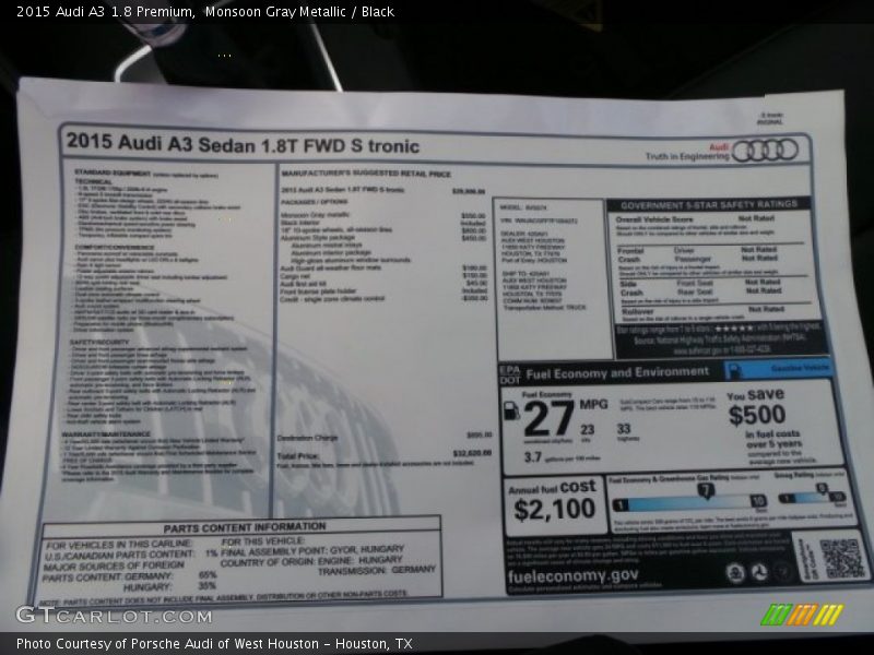 Monsoon Gray Metallic / Black 2015 Audi A3 1.8 Premium