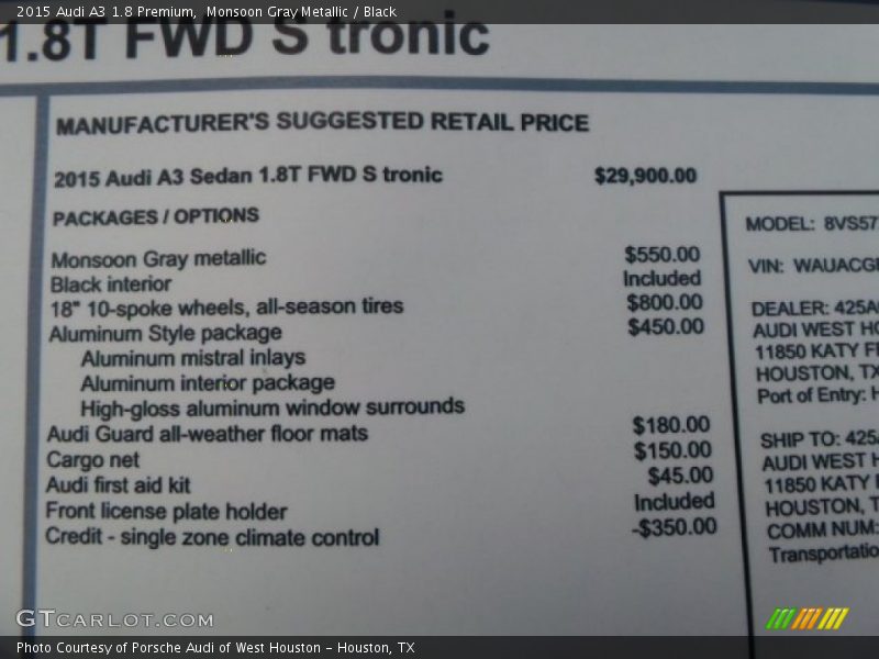 Monsoon Gray Metallic / Black 2015 Audi A3 1.8 Premium