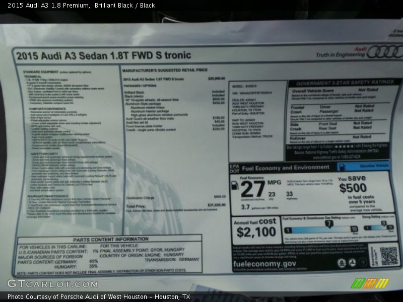 Brilliant Black / Black 2015 Audi A3 1.8 Premium