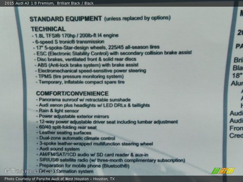 Brilliant Black / Black 2015 Audi A3 1.8 Premium