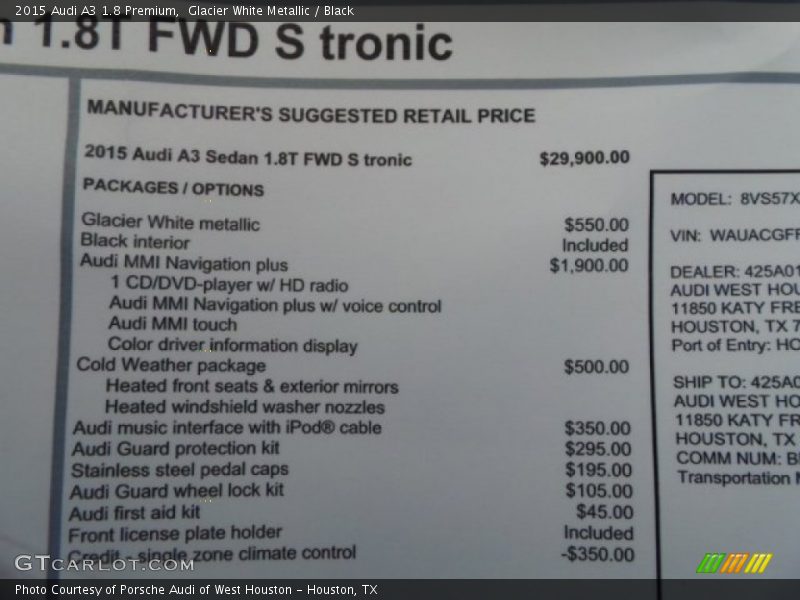 Glacier White Metallic / Black 2015 Audi A3 1.8 Premium