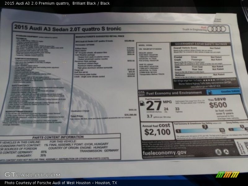  2015 A3 2.0 Premium quattro Window Sticker
