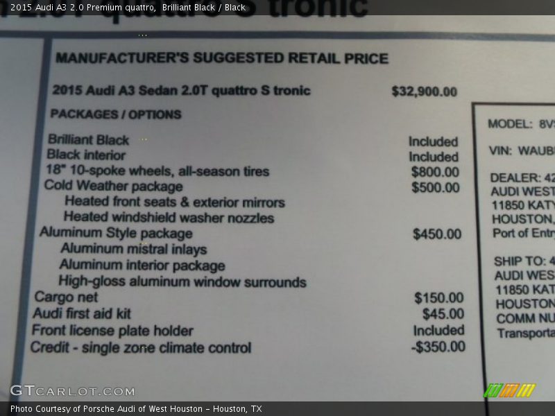  2015 A3 2.0 Premium quattro Window Sticker