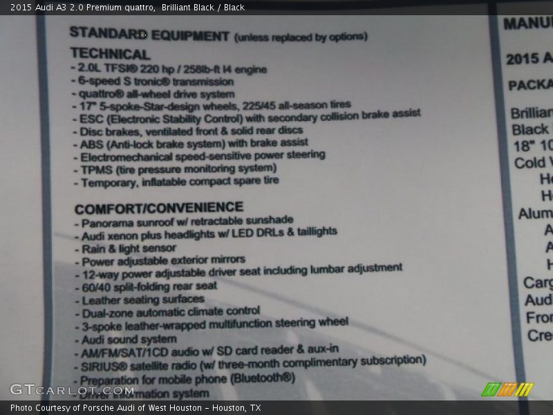  2015 A3 2.0 Premium quattro Window Sticker