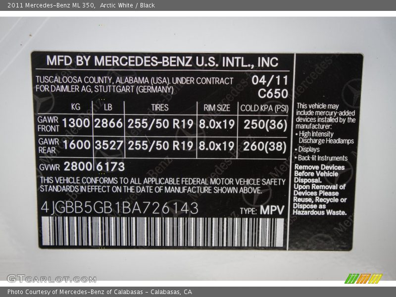 Arctic White / Black 2011 Mercedes-Benz ML 350