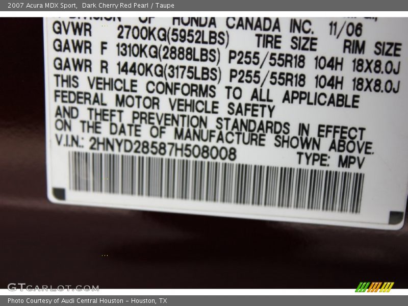 Dark Cherry Red Pearl / Taupe 2007 Acura MDX Sport