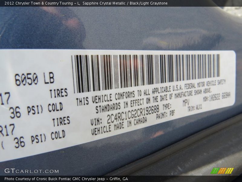 Sapphire Crystal Metallic / Black/Light Graystone 2012 Chrysler Town & Country Touring - L