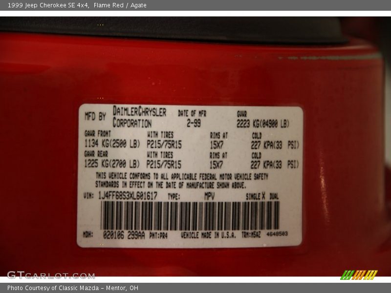 1999 Cherokee SE 4x4 Flame Red Color Code PR4