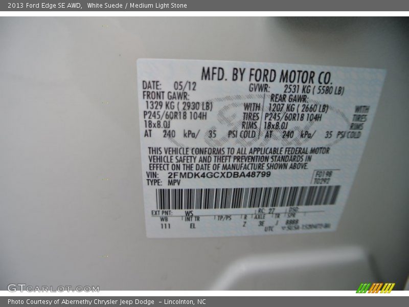 White Suede / Medium Light Stone 2013 Ford Edge SE AWD