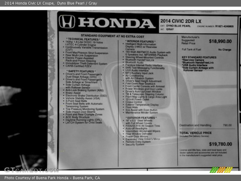 Dyno Blue Pearl / Gray 2014 Honda Civic LX Coupe