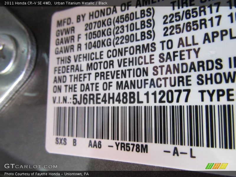 Urban Titanium Metallic / Black 2011 Honda CR-V SE 4WD