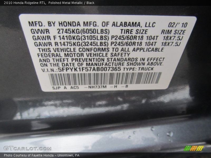 Polished Metal Metallic / Black 2010 Honda Ridgeline RTL