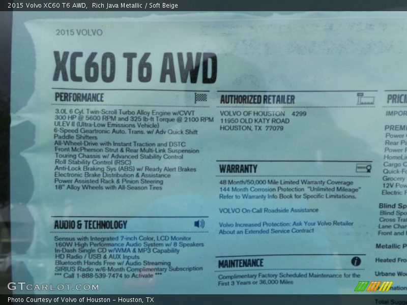  2015 XC60 T6 AWD Window Sticker