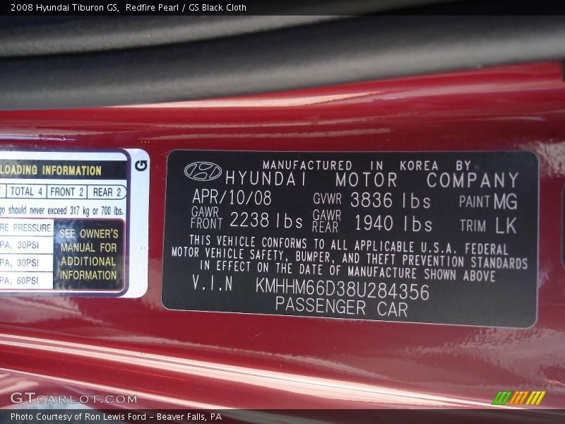 Redfire Pearl / GS Black Cloth 2008 Hyundai Tiburon GS