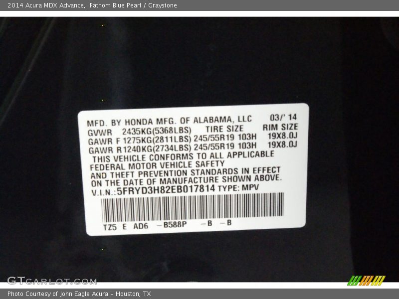 2014 MDX Advance Fathom Blue Pearl Color Code B588P