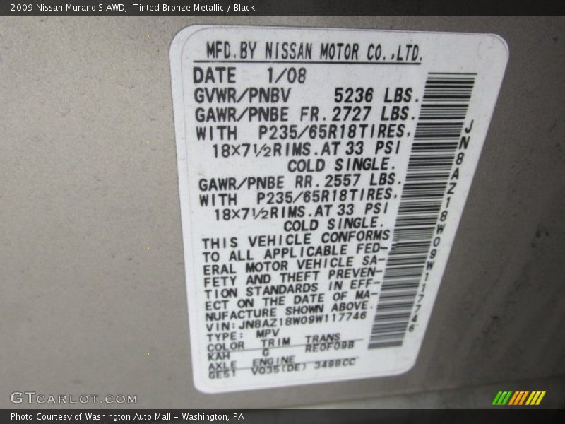 Tinted Bronze Metallic / Black 2009 Nissan Murano S AWD