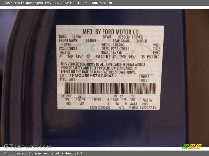 Vista Blue Metallic / Medium/Dark Flint 2007 Ford Escape Hybrid 4WD